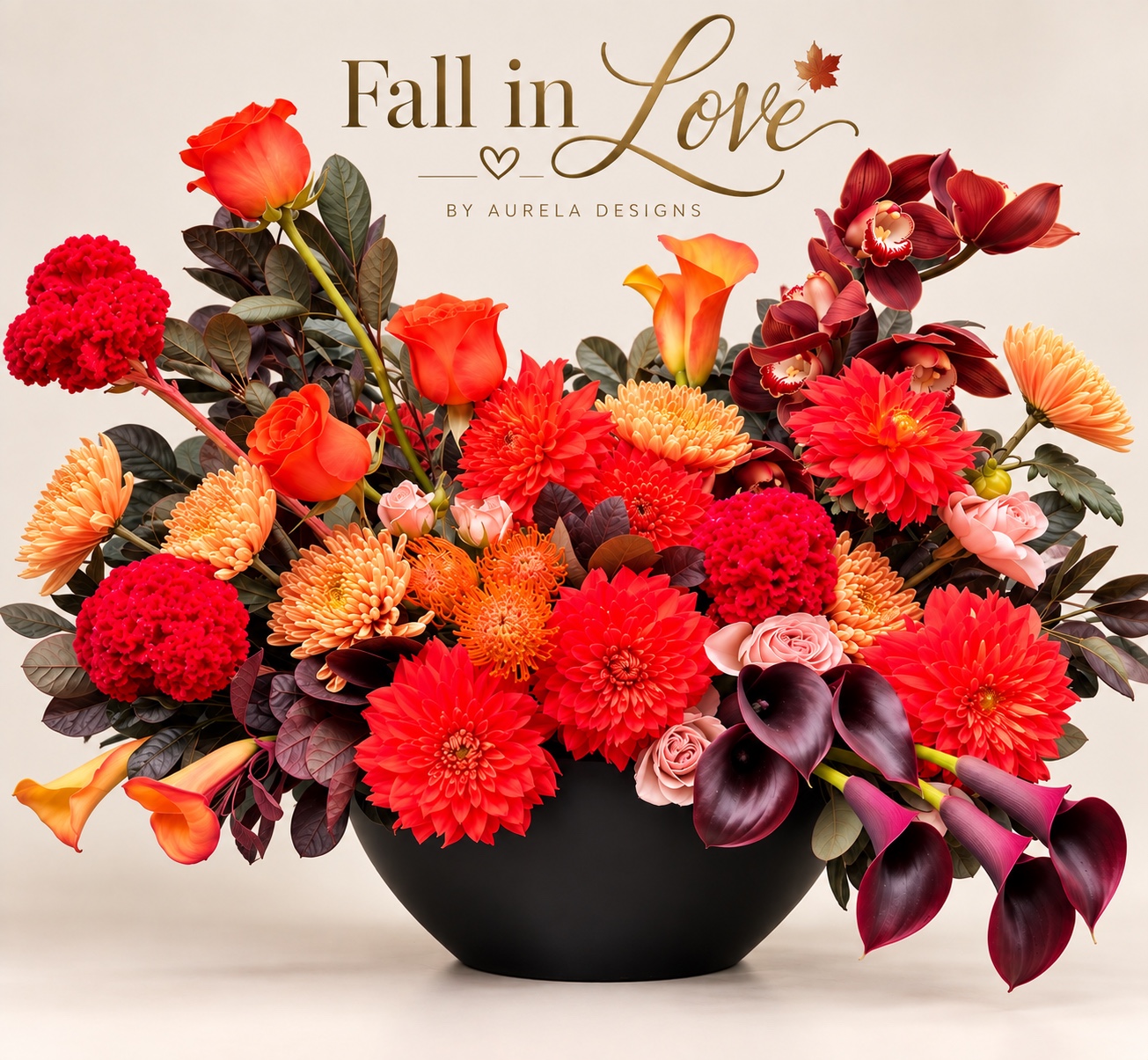 Fall in Love orange and burgundy seasonal floral arrangement