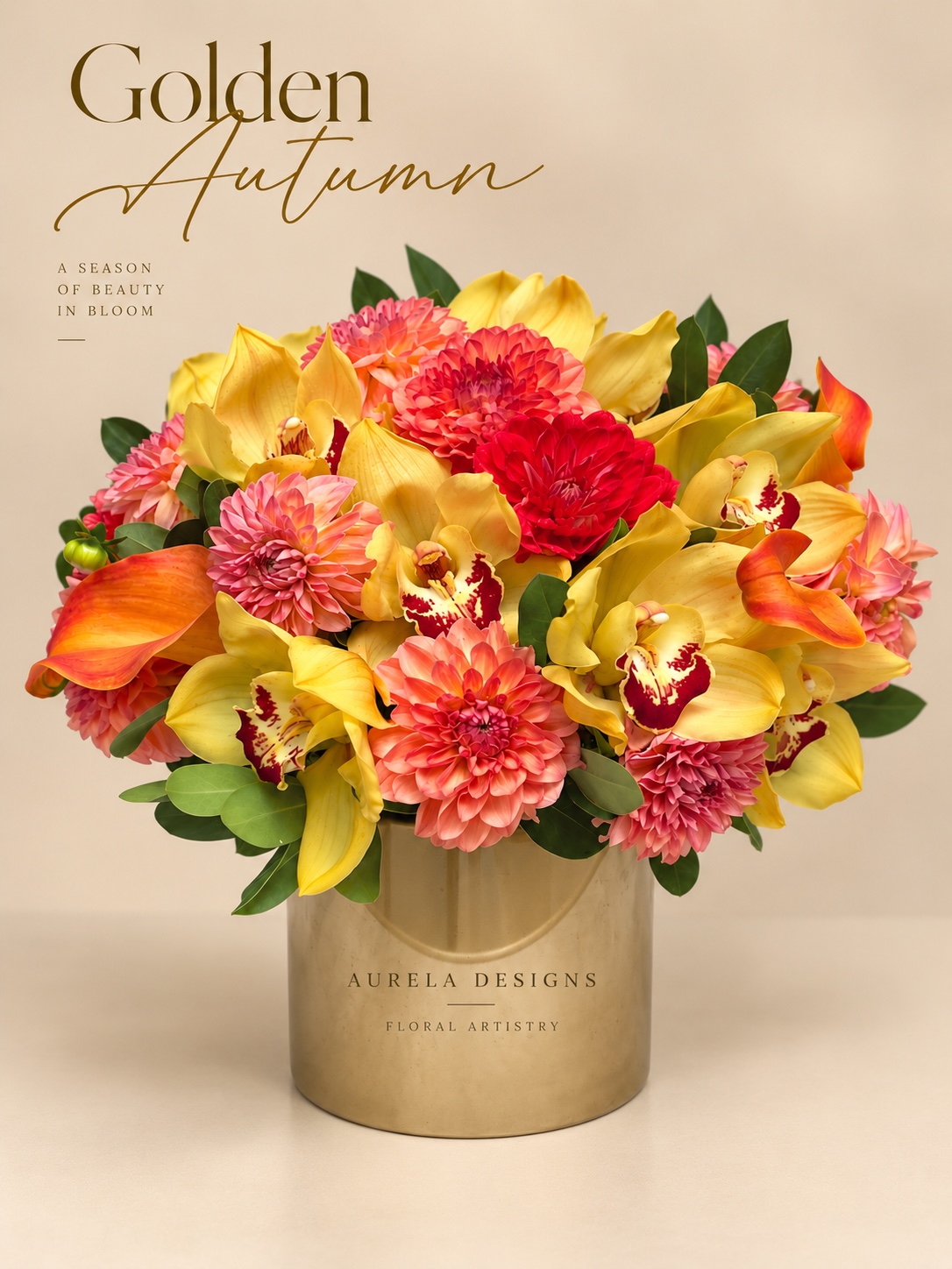 Golden Autumn yellow and coral floral arrangement